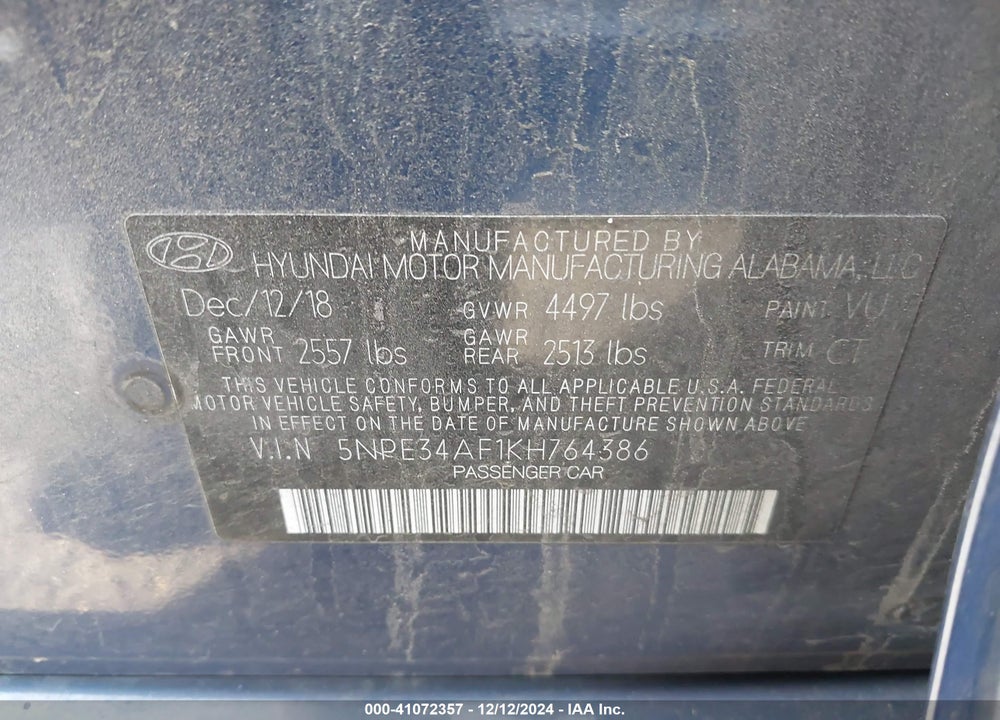 2019 HYUNDAI SONATA SPORT VIN: 5NPE34AF1KH764386
