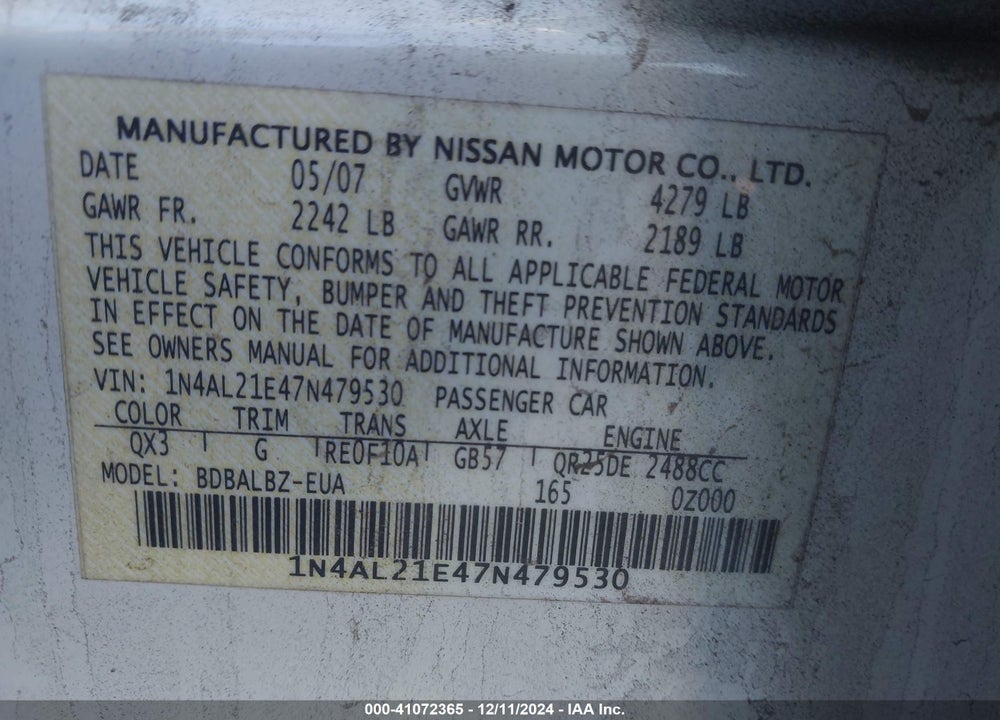 2007 NISSAN ALTIMA 2.5 S VIN: 1N4AL21E47N479530