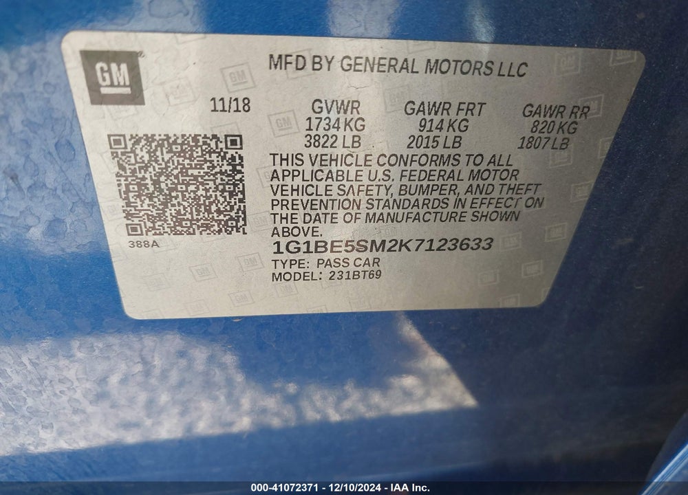 2019 CHEVROLET CRUZE LT VIN: 1G1BE5SM2K7123633