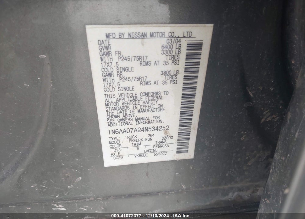 2004 NISSAN TITAN XE VIN: 1N6AA07A24N534252