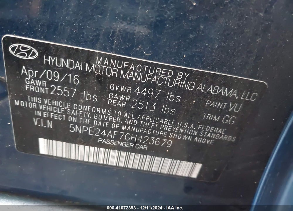 2016 HYUNDAI SONATA SE VIN: 5NPE24AF7GH423679