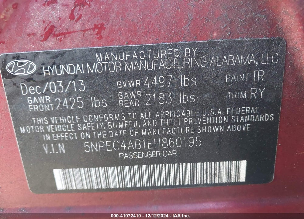 2014 HYUNDAI SONATA SE 2.0T VIN: 5NPEC4AB1EH860195