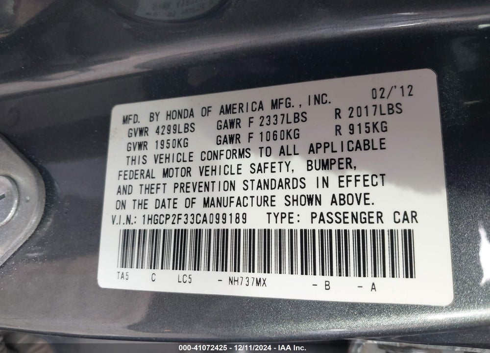 2012 HONDA ACCORD 2.4 LX VIN: 1HGCP2F33CA099189