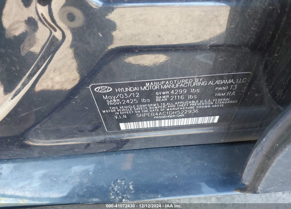 2013 HYUNDAI SONATA VIN: 5NPEB4AC1DH522936