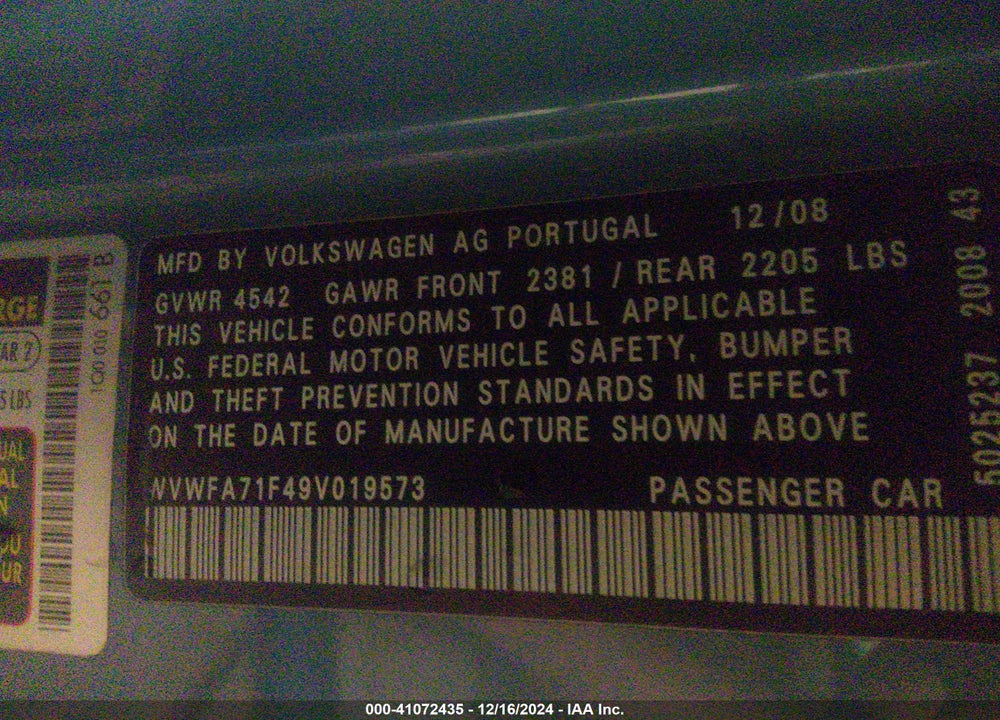 2009 VOLKSWAGEN EOS LUX VIN: WVWFA71F49V019573
