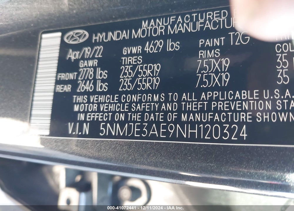 2022 HYUNDAI TUCSON LIMITED VIN: 5NMJE3AE9NH120324