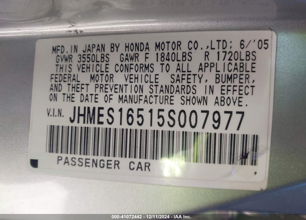 2005 HONDA CIVIC LX VIN: JHMES16515S007977