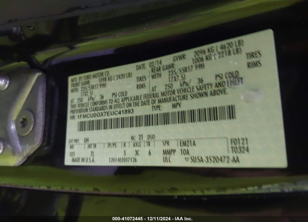 2014 FORD ESCAPE SE VIN: 1FMCU0GX7EUC41893