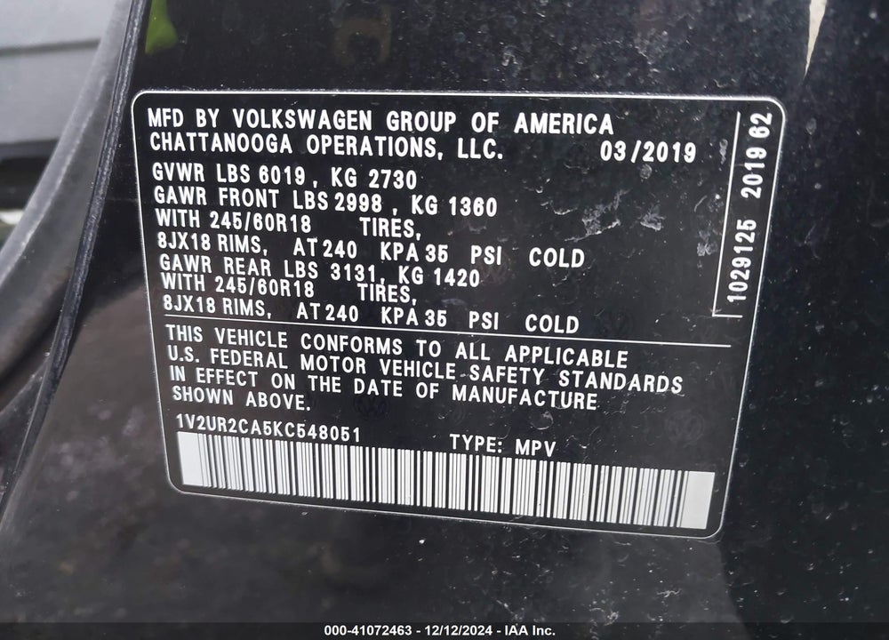 2019 VOLKSWAGEN ATLAS 3.6L V6 SE W/TECHNOLOGY VIN: 1V2UR2CA5KC548051