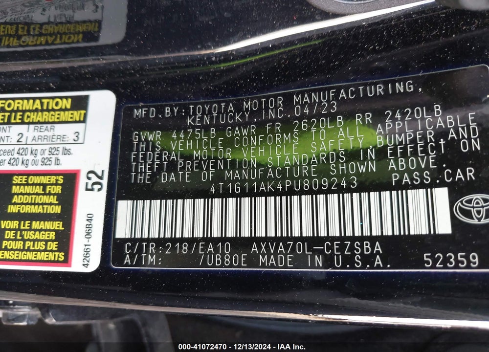 2023 TOYOTA CAMRY SE VIN: 4T1G11AK4PU809243