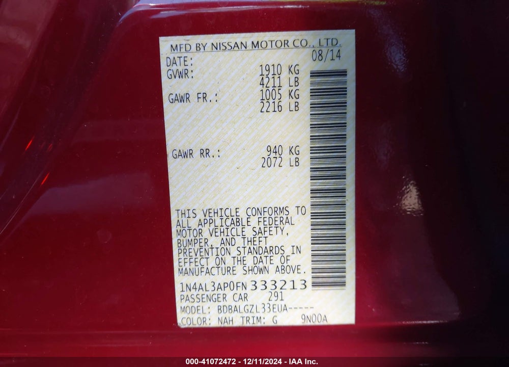 2015 NISSAN ALTIMA 2.5/2.5 S/2.5 SL/2.5 SV VIN: 1N4AL3AP0FN333213