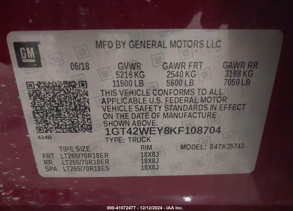 2019 GMC SIERRA 3500HD DENALI VIN: 1GT42WEY8KF108704