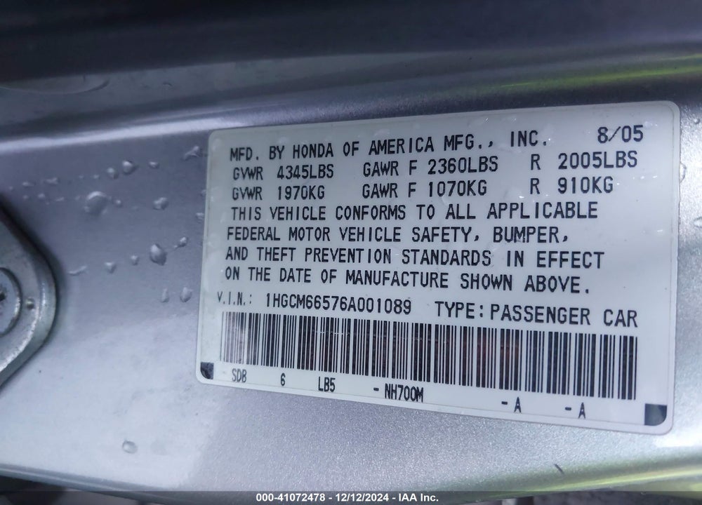 2006 HONDA ACCORD 3.0 EX VIN: 1HGCM66576A001089