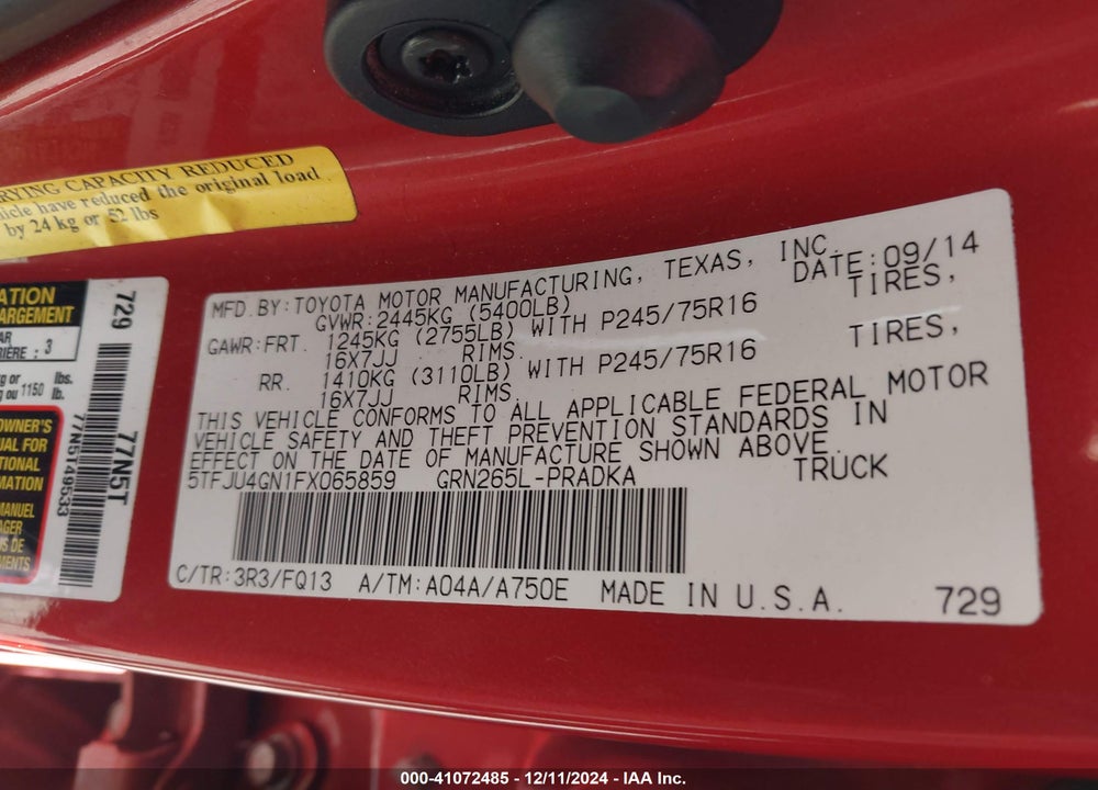 2015 TOYOTA TACOMA PRERUNNER V6 VIN: 5TFJU4GN1FX065859