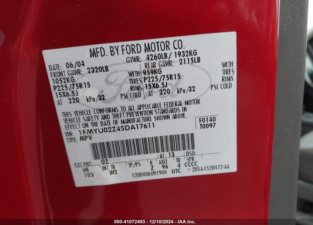 2005 FORD ESCAPE XLS VIN: 1FMYU02Z45DA17611