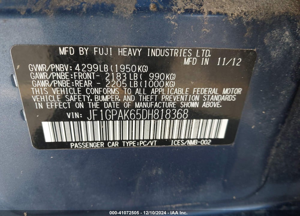 2013 SUBARU IMPREZA 2.0I LIMITED VIN: JF1GPAK65DH818368