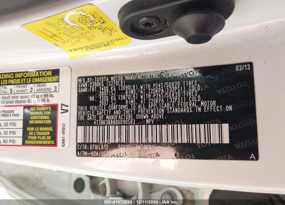 2013 TOYOTA VENZA XLE V6 VIN: 4T3BK3BB8DU090583
