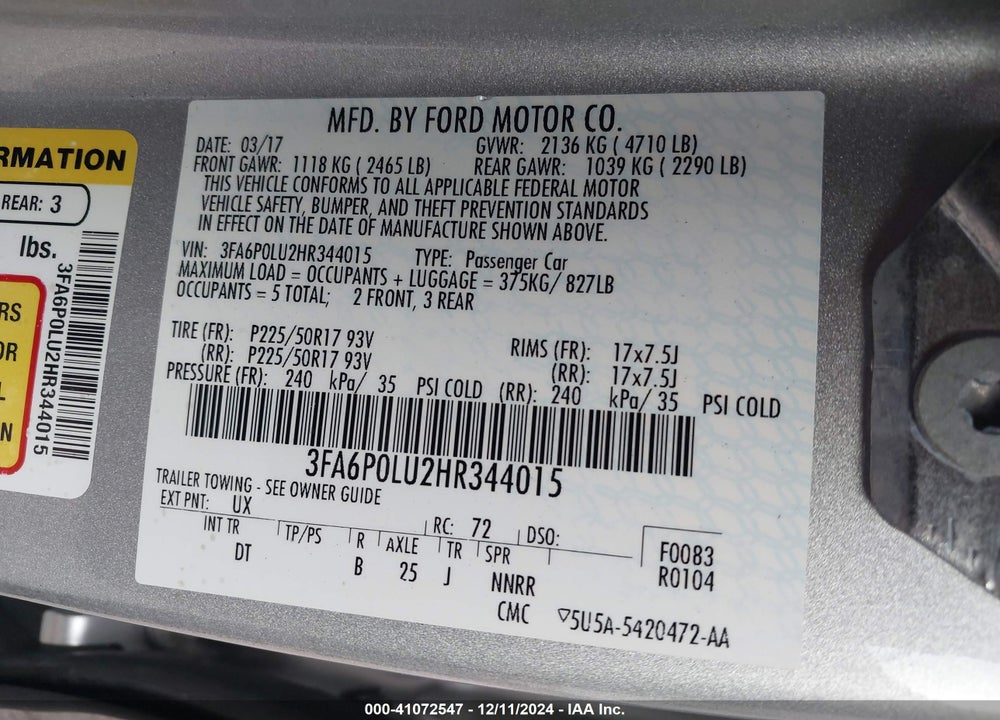 2017 FORD FUSION HYBRID SE VIN: 3FA6P0LU2HR344015