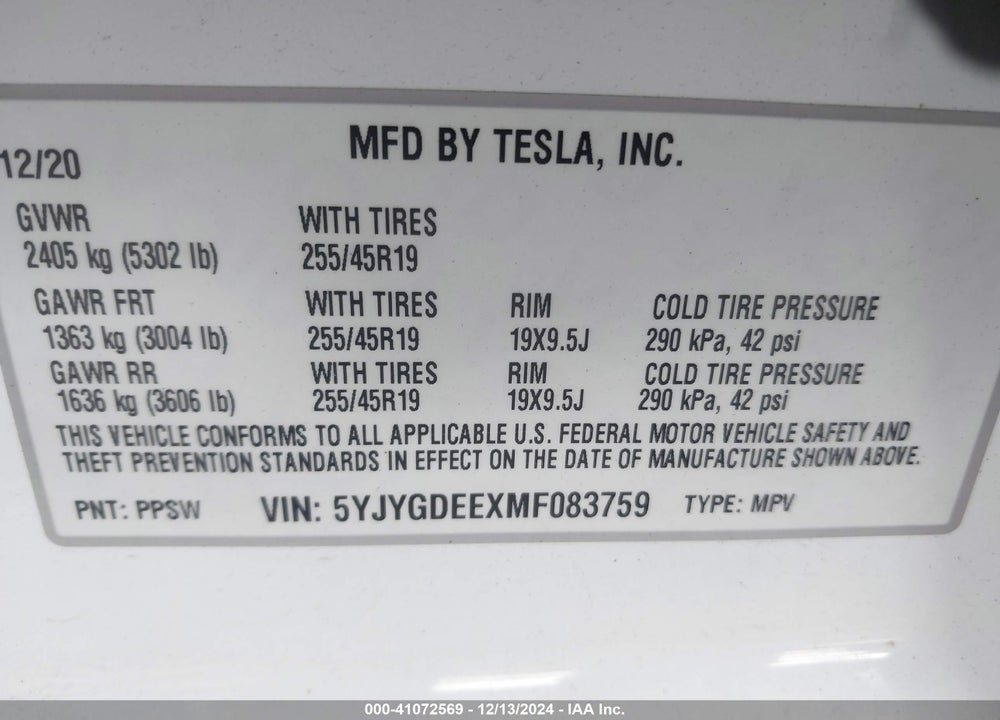 2021 TESLA MODEL Y LONG RANGE DUAL MOTOR ALL-WHEEL DRIVE VIN: 5YJYGDEEXMF083759