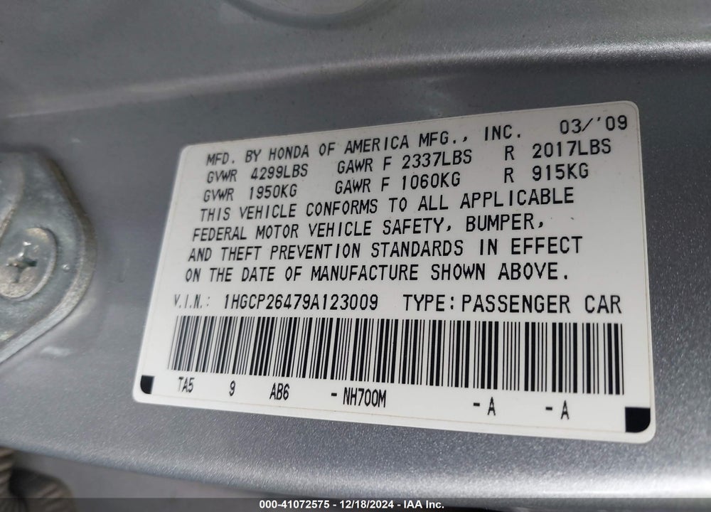 2009 HONDA ACCORD 2.4 LX-P VIN: 1HGCP26479A123009