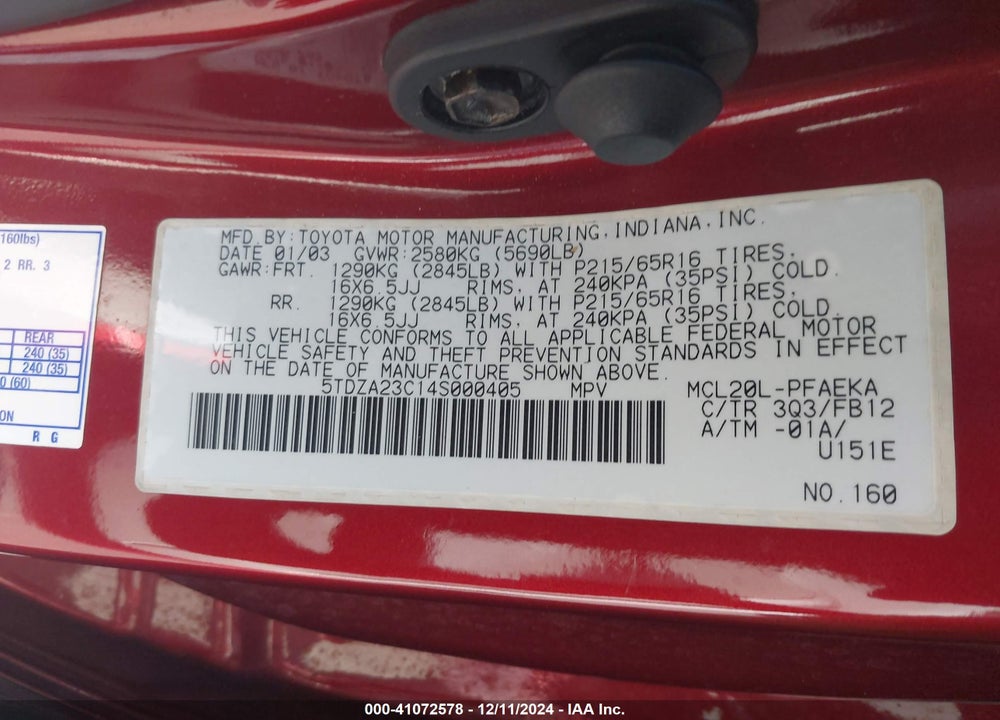 2004 TOYOTA SIENNA LE VIN: 5TDZA23C14S000405