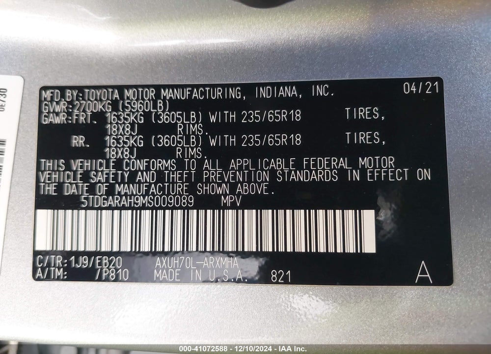 2021 TOYOTA HIGHLANDER HYBRID XLE VIN: 5TDGARAH9MS009089