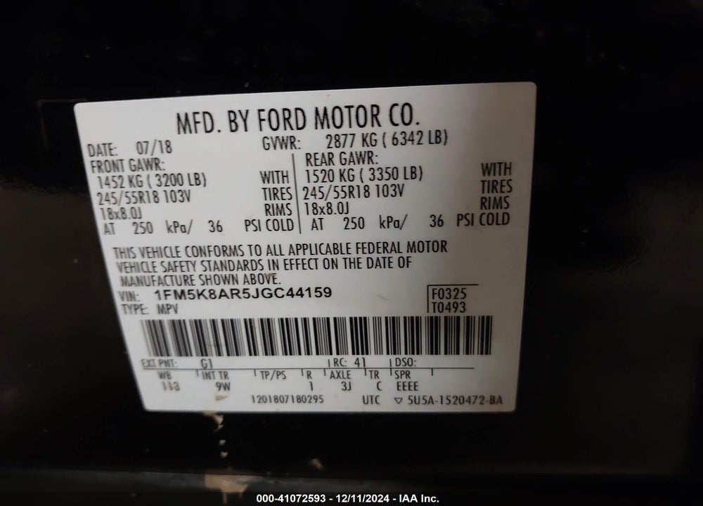 2018 FORD POLICE INTERCEPTOR UTILITY VIN: 1FM5K8AR5JGC44159