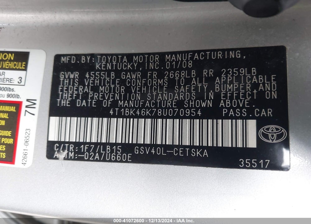 2008 TOYOTA CAMRY SE V6 VIN: 4T1BK46K78U070954