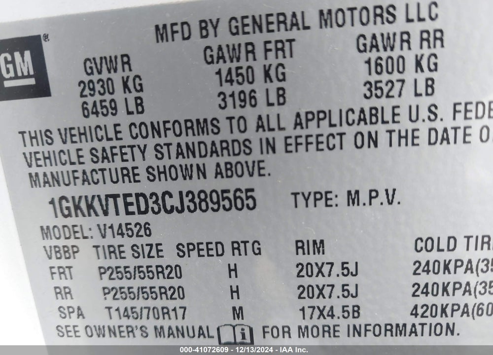 2012 GMC ACADIA DENALI VIN: 1GKKVTED3CJ389565