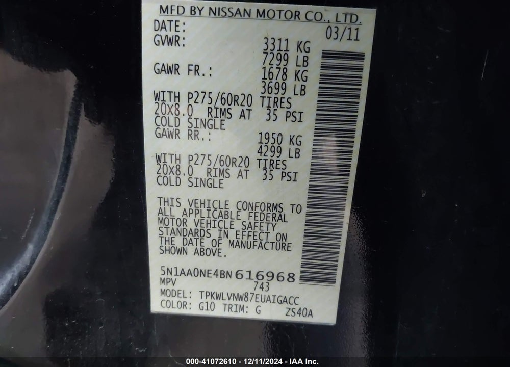 2011 NISSAN ARMADA PLATINUM VIN: 5N1AA0NE4BN616968