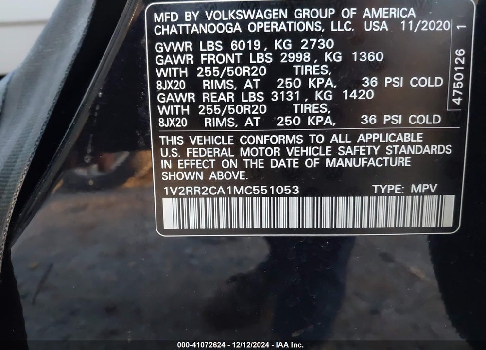 2021 VOLKSWAGEN ATLAS 3.6L V6 SE W/TECHNOLOGY R-LINE VIN: 1V2RR2CA1MC551053
