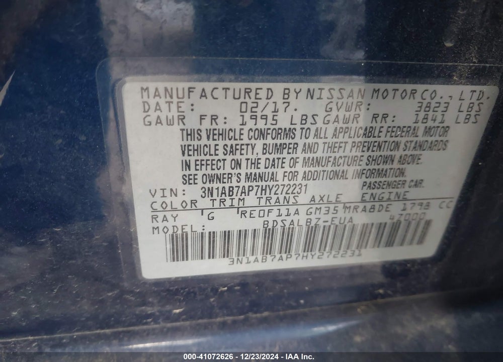 2017 NISSAN SENTRA VIN: 3N1AB7AP7HY272231