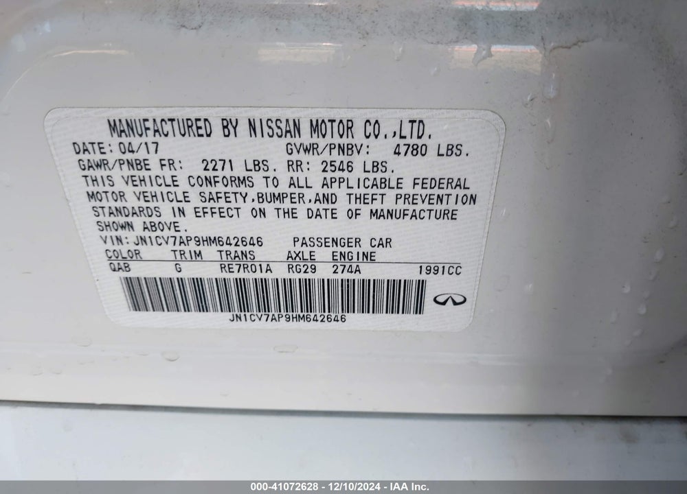 2017 INFINITI Q50 2.0T PREMIUM VIN: JN1CV7AP9HM642646