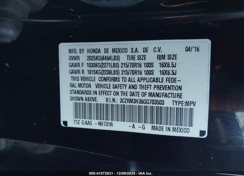 2016 HONDA CR-V LX VIN: 3CZRM3H36GG703503