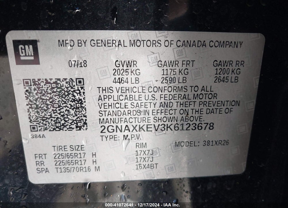 2019 CHEVROLET EQUINOX LT VIN: 2GNAXKEV3K6123678