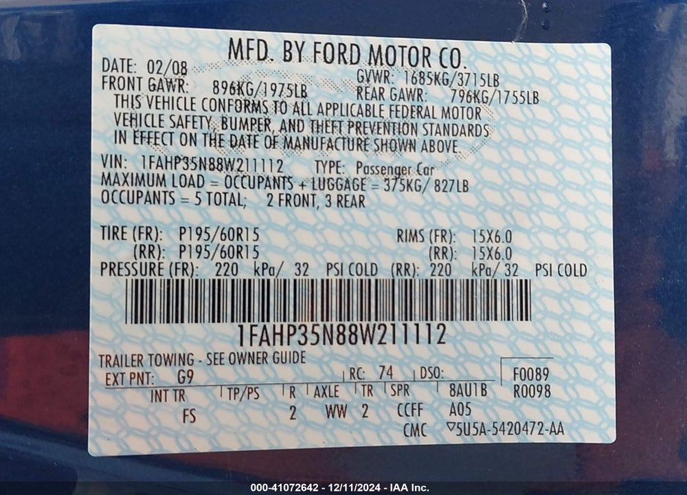2008 FORD FOCUS VIN: 1FAHP35N88W211112