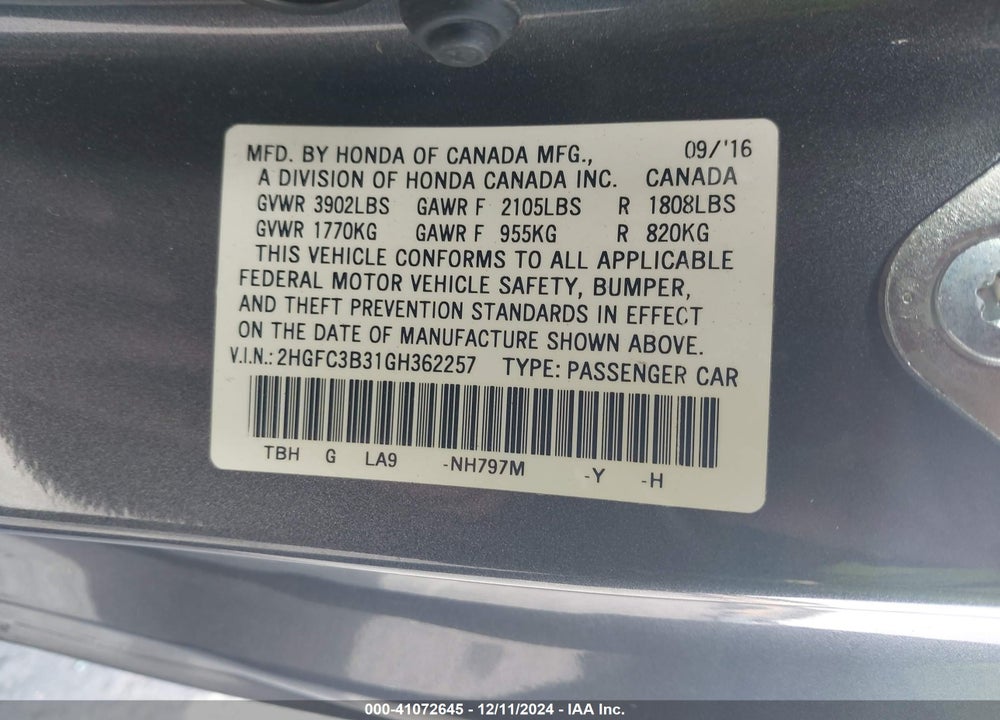 2016 HONDA CIVIC VIN: 2HGFC3B31GH362257