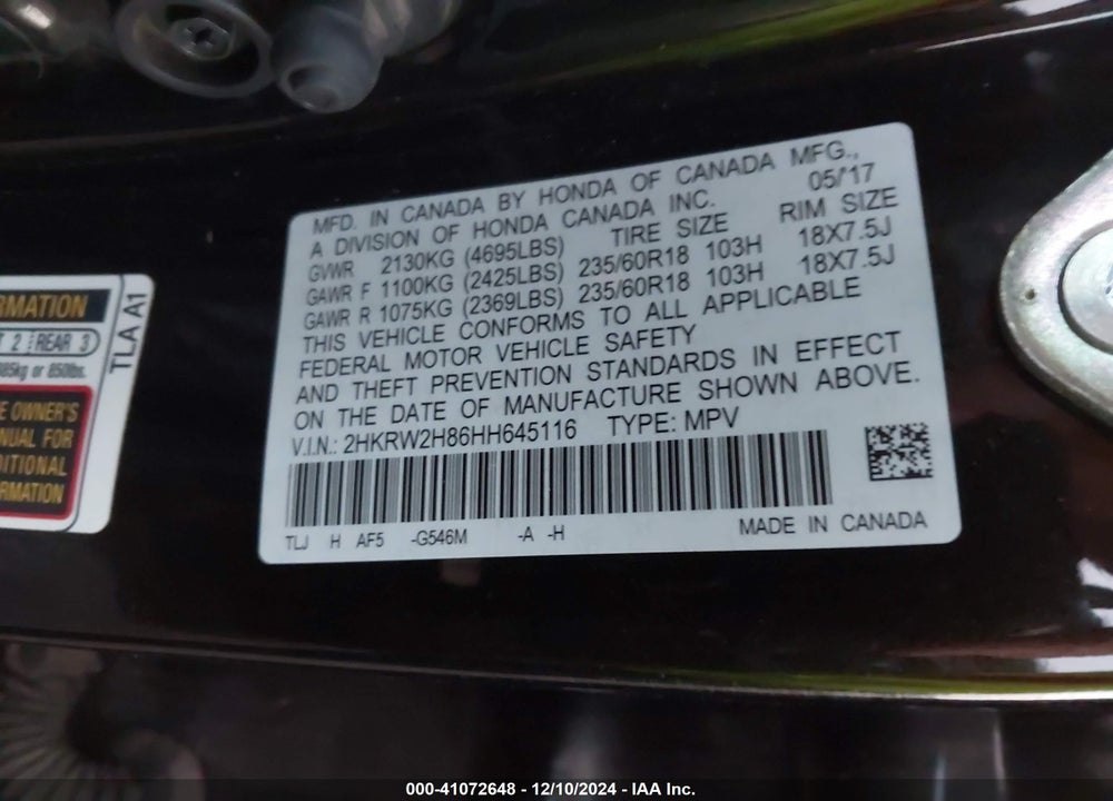 2017 HONDA CR-V EX-L/EX-L NAVI VIN: 2HKRW2H86HH645116
