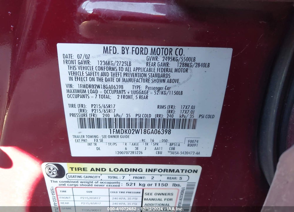 2008 FORD TAURUS X SEL VIN: 1FMDK02W18GA06398