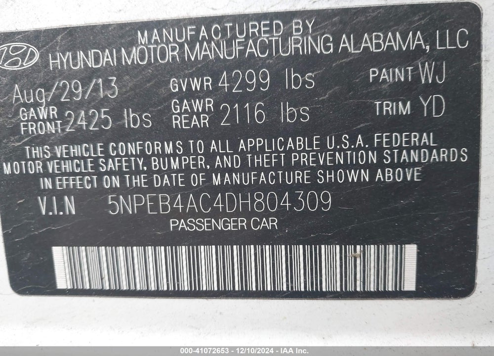 2013 HYUNDAI SONATA GLS VIN: 5NPEB4AC4DH804309