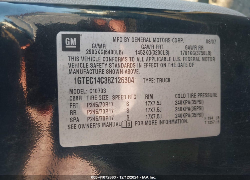 2008 GMC SIERRA 1500 SLE1 VIN: 1GTEC14C38Z126304