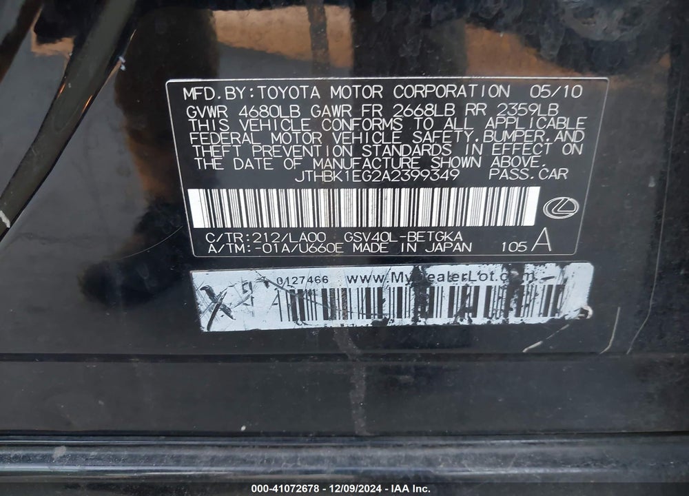 2010 LEXUS ES 350 VIN: JTHBK1EG2A2399349
