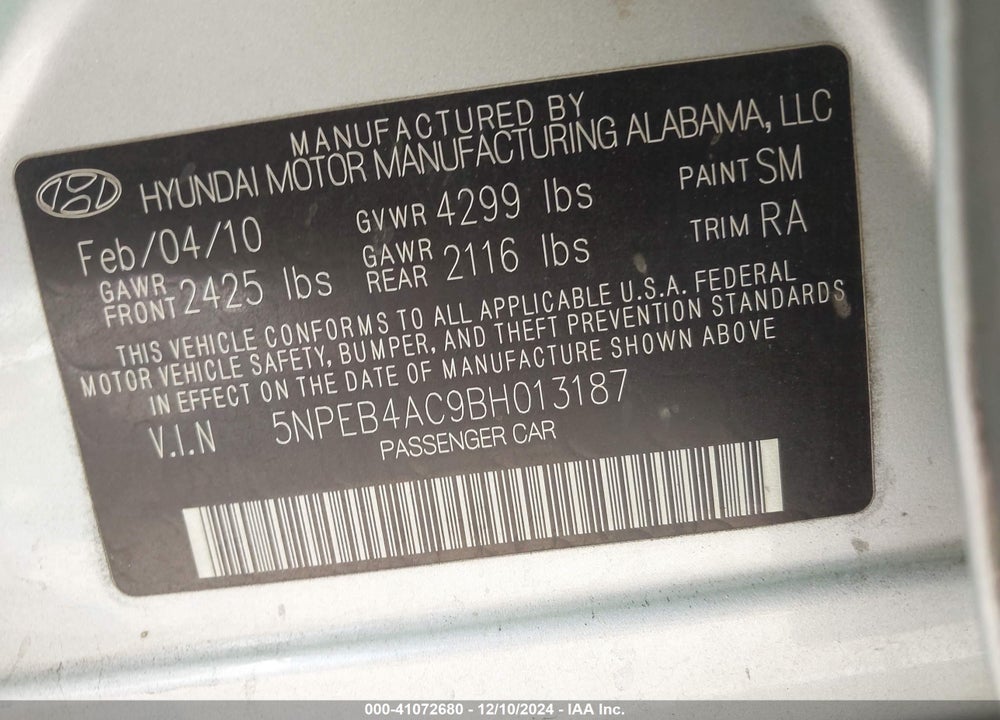 2011 HYUNDAI SONATA GLS VIN: 5NPEB4AC9BH013187