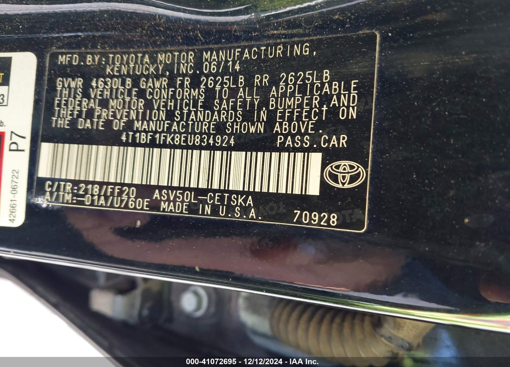 2014 TOYOTA CAMRY VIN: 4T1BF1FK8EU834924