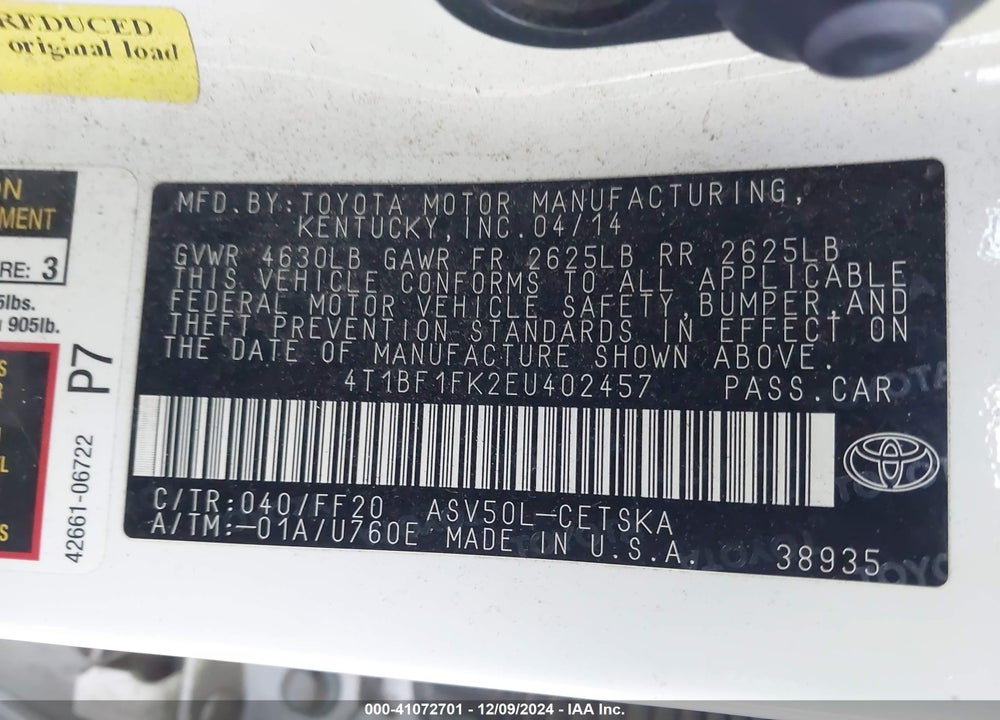 2014 TOYOTA CAMRY SE VIN: 4T1BF1FK2EU402457