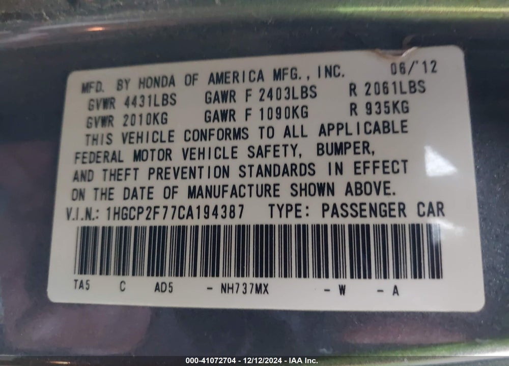 2012 HONDA ACCORD VIN: 1HGCP2F77CA194387