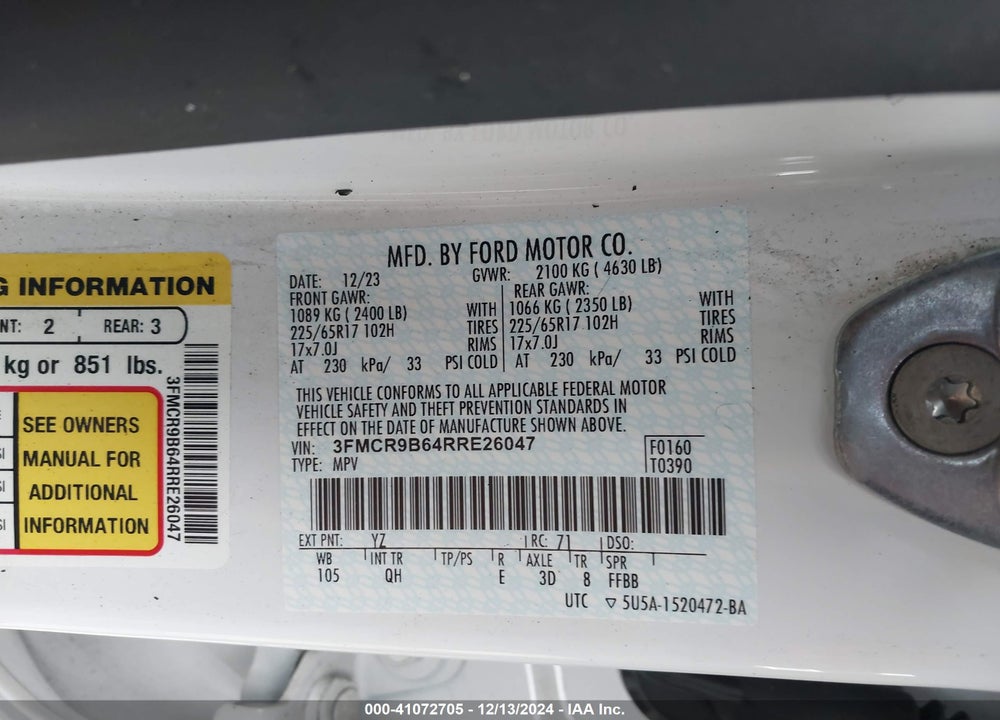 2024 FORD BRONCO SPORT BIG BEND VIN: 3FMCR9B64RRE26047