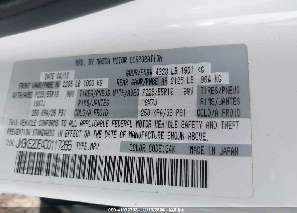 2013 MAZDA CX-5 GRAND TOURING VIN: JM3KE2DE4D0117265
