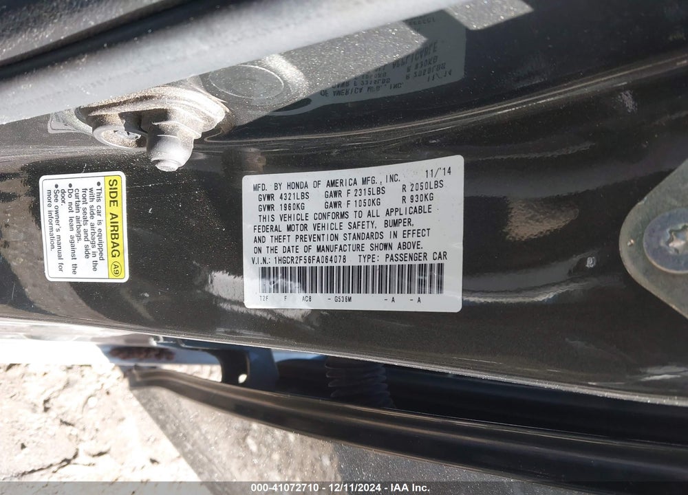 2015 HONDA ACCORD VIN: 1HGCR2F56FA064078
