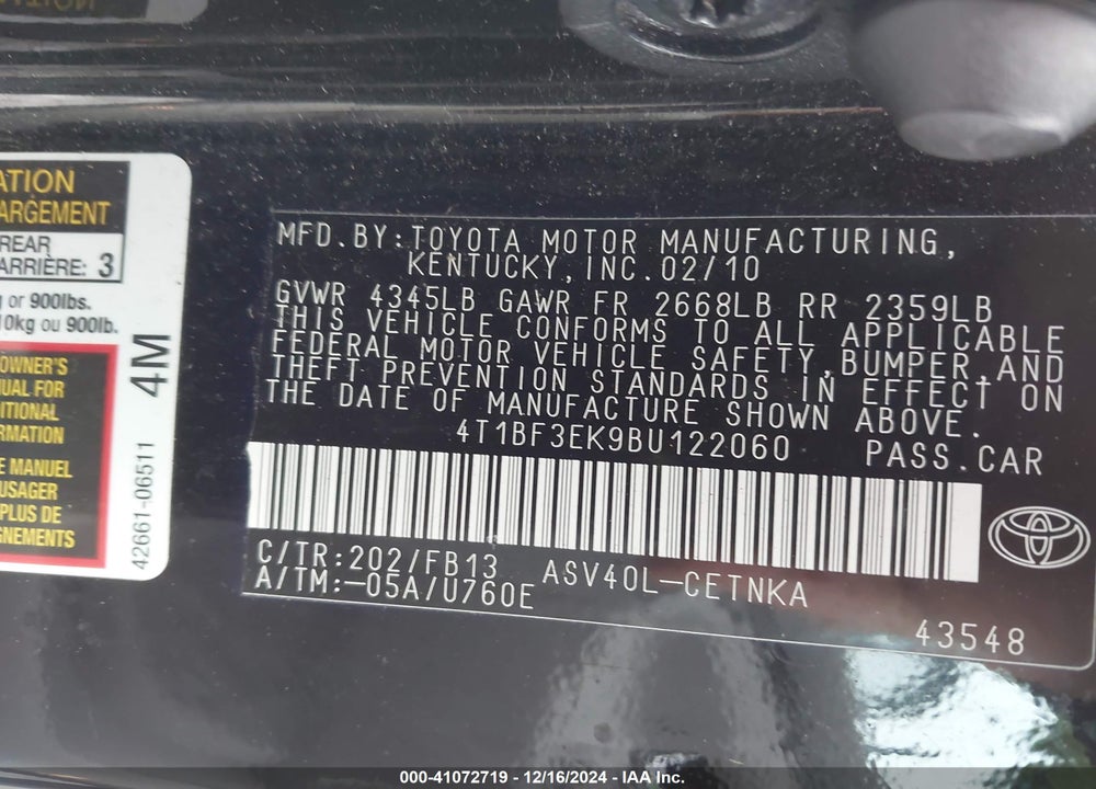 2011 TOYOTA CAMRY LE VIN: 4T1BF3EK9BU122060